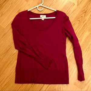 LOFT magenta round neck sweater w/ sleeve button